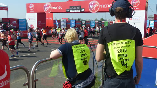 BBC Sport film crew on start line of London Marathon 2018 with Fayre Do's